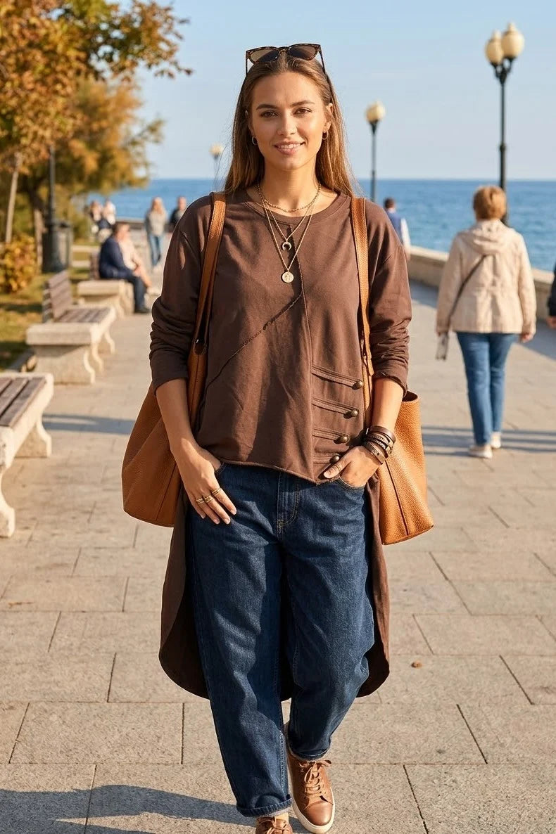 Stevie Military Hi Low Sweatshirt Brown