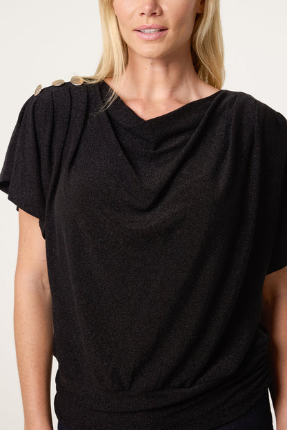 Electra Gold button Cowl Neck top 3 sizes Black