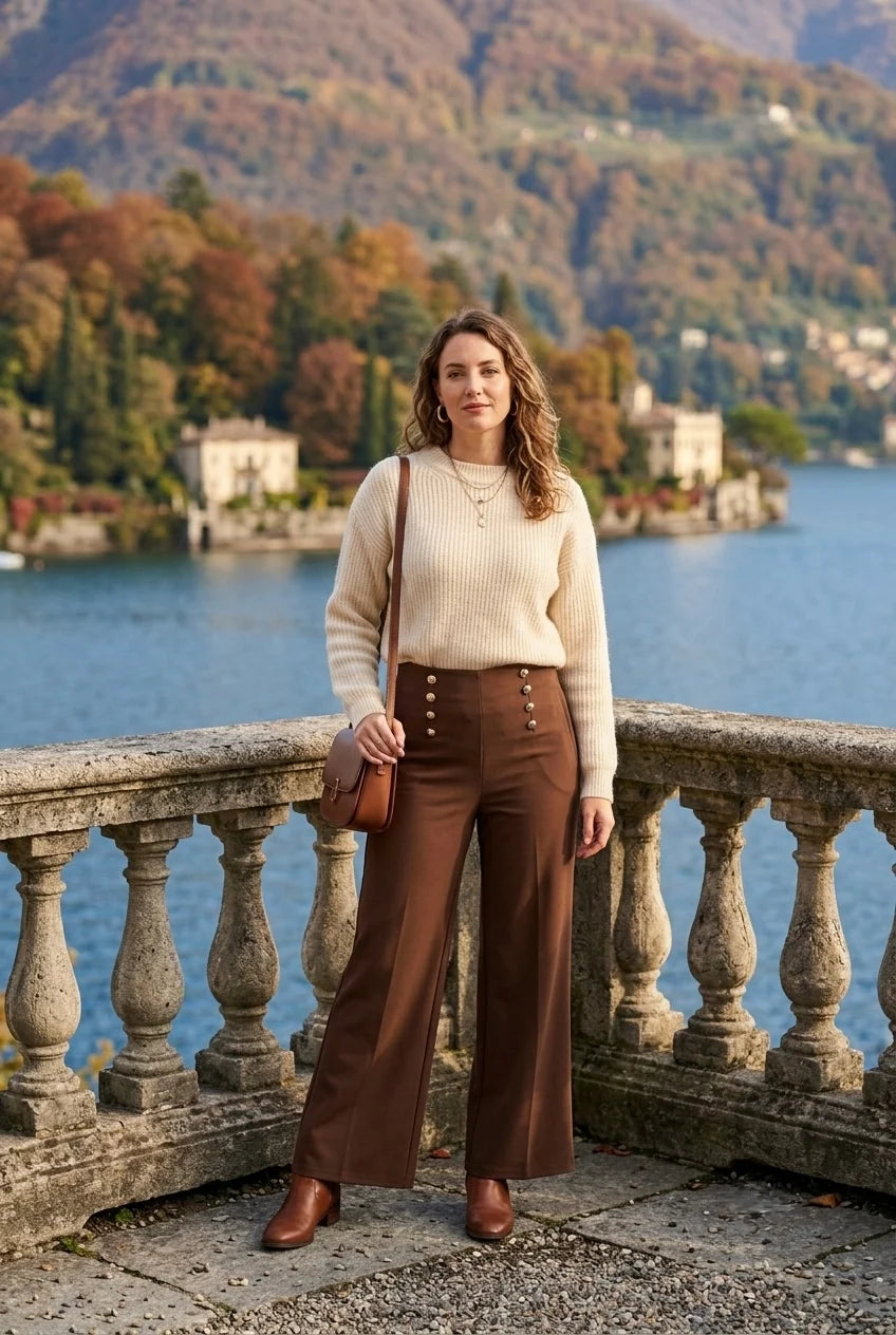 Stella Wide Leg Silver Button Trouser 4 Sizes Brown