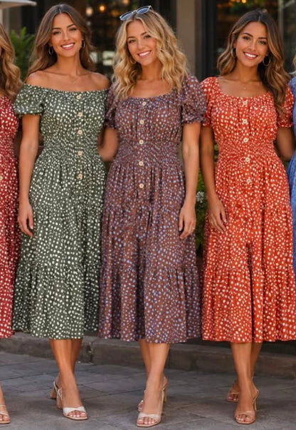Mia Spot Bardot Dress Rust